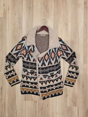 Jimrick Women's Small Aztec Pattern Knit Cardigan with Sherpa Collar